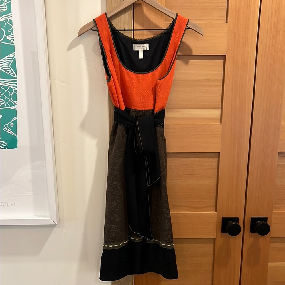 Moulinette Soeurs Orange and Black Fit and Flare Midi Dress, with detailing
